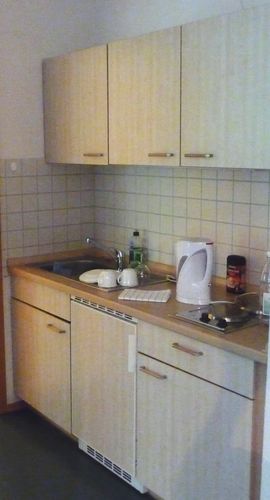 Küche mit Kühlschrank und 2-Platten-Herd.<br>(Bild: A. Zahn)