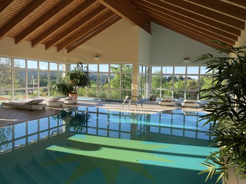 Das Besondere des Hotels ist unter anderem der große Wellnessbereich mit Pool und einmaligen Ausblicken. (Bild: A. Rust)