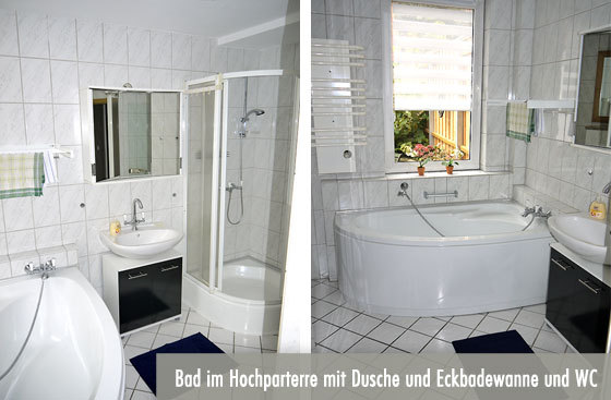 Bad im Hochparterre mit Dusche und Eckbadewanne<br>(Bild: Fam. Winkelmann)